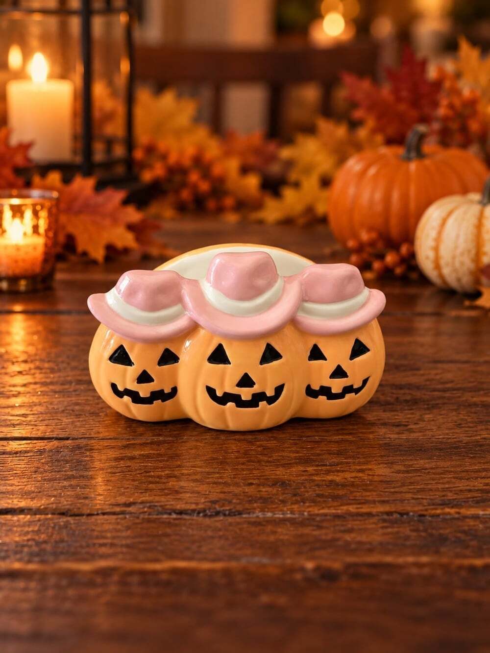 New Ceramic Pink Happy Smiling Cowboy Pumpkins Halloween Dinning Napkin Holder